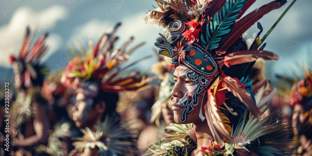 A group of people wearing colorful headdresses and feathers A group of people wearing colorful headdresses and feathers