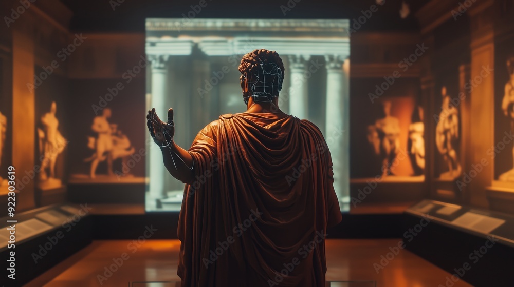 A modernized statue in an art gallery engages with digital exhibits in the evening A modernized statue in an art gallery engages with digital exhibits in the evening