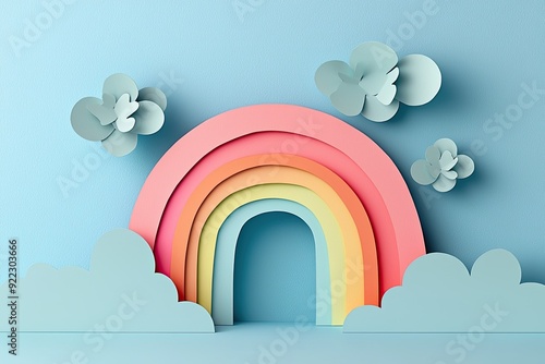 Whimsical paper cut rainbow with soft clouds against a pastel blue background, ideal for creative and cheerful designs.