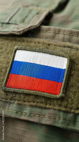 Close-up of a soldier's Russian flag patch on a camouflage uniform with space for B Solutions branding photo