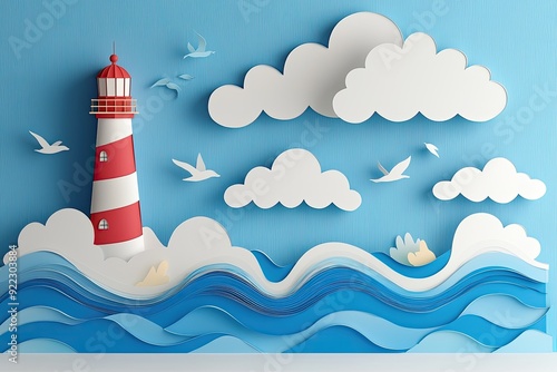 Colorful lighthouse with waves and clouds in a creative paper art style, perfect for coastal-themed designs and illustrations.