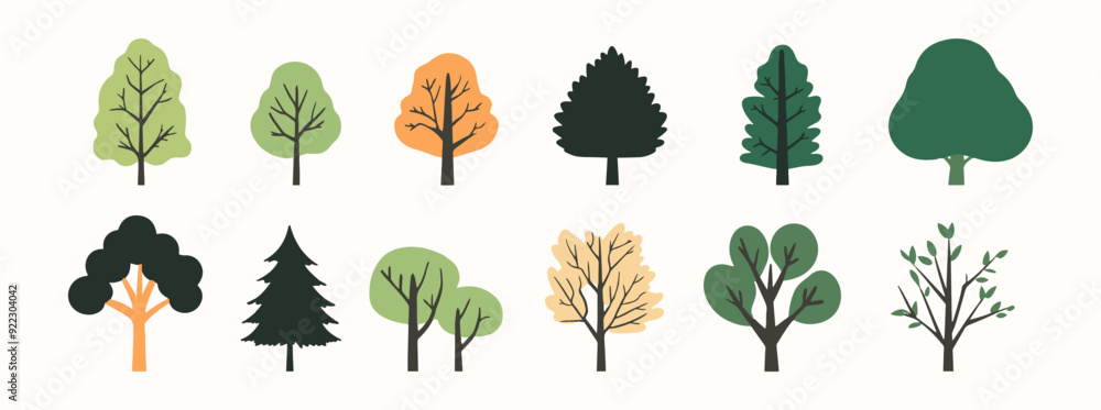 Tree and leaf collection hand drawn flat design element. botanical set of bare trees and ones with leaves and lush limited pastel color Tree and leaf collection hand drawn flat design element. botanical set of bare trees and ones with leaves and lush limited pastel color