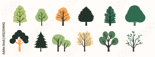 Tree and leaf collection hand drawn flat design element. botanical set of bare trees and ones with leaves and lush limited pastel color
