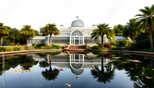 Palm house in Kew botanical gardens reflected in pond, London, UK isolated with white highlights, png photo