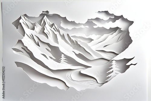 A stunning paper cut artwork depicting a serene mountain landscape with flowing rivers and towering trees, showcasing artistic craftsmanship.