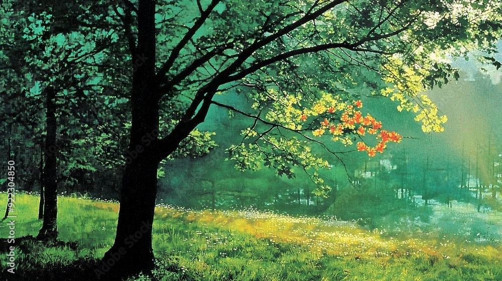 Fototapeta premium Sunlit Forest with Lush Green Grass and Trees