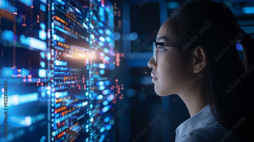 Focused professional analyzing complex data on futuristic digital display, immersed in glowing blue interface of cutting-edge technology. Focused professional analyzing complex data on futuristic digital display, immersed in glowing blue interface of cutting-edge technology.