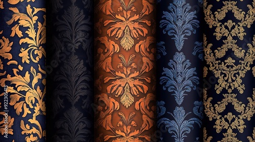 Elegant vintage fabrics in rich colors displayed in a row showcasing intricate floral patterns