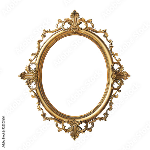 Ornate Golden Picture Frame in Oval Shape Isolated without Background.