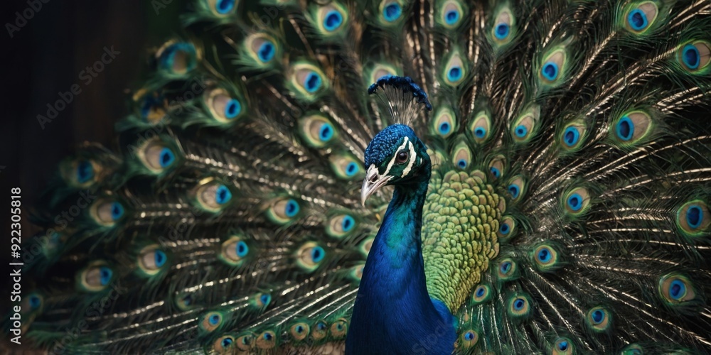 Fototapeta premium An exquisite image of a peacock with its feathers fully spread, displaying a stunning array of iridescent blues and greens.