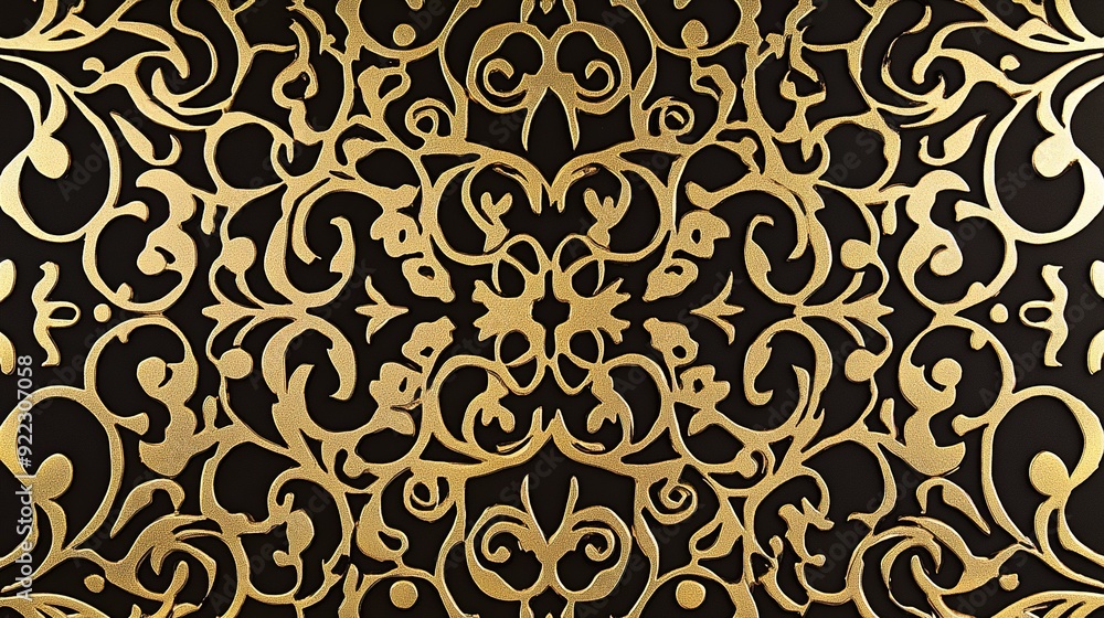Intricate gold and black decorative pattern featuring elaborate swirls and motifs Intricate gold and black decorative pattern featuring elaborate swirls and motifs