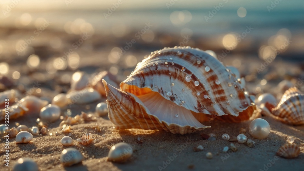 Seashells & pearls are artfully illuminated by caustic light effects, creating a warm, enchanting atmosphere. Seashells & pearls are artfully illuminated by caustic light effects, creating a warm, enchanting atmosphere.