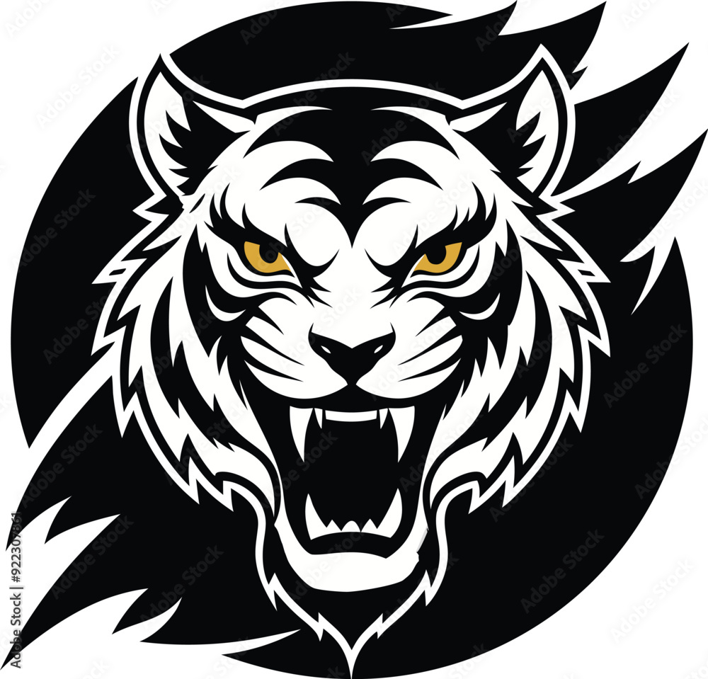 Fototapeta premium Intense Black Silhouette of an Angry Tiger Artwork, Discover a striking black vector silhouette of an angry tiger, capturing the fierce and powerful nature of this majestic predator. 