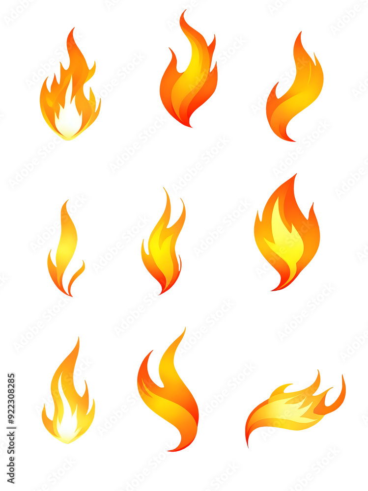A collection of nine realistic cartoon flame icons in various shapes and movements, isolated on a transparent background. A collection of nine realistic cartoon flame icons in various shapes and movements, isolated on a transparent background.