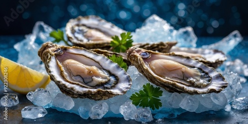 Fresh oysters on a bed of crushed ice with lemon slices and parsley, ready to be enjoyed on a vibrant blue background. photo