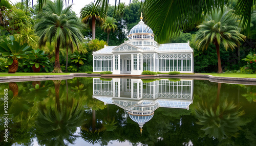 Palm house in Kew botanical gardens reflected in pond, London, UK isolated with white highlights, png photo