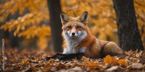 Peaceful fox rests under vibrant autumn leaves, creating a serene and picturesque fall scene in nature's embrace. photo