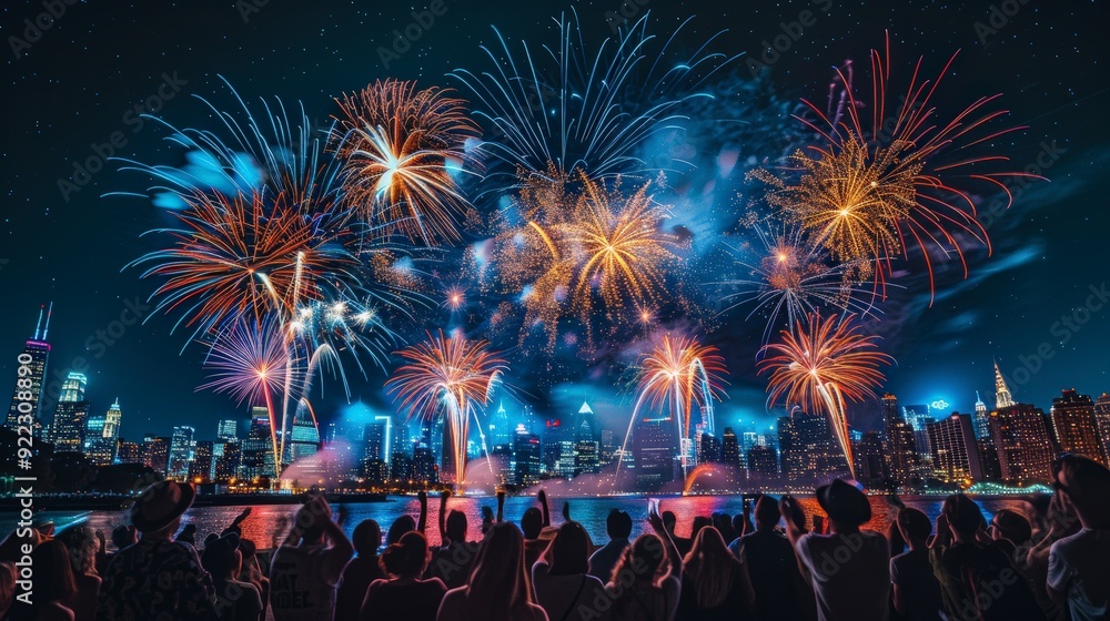 Obraz premium Independence Day Spectacular: 4th of July Fireworks Illuminate City Skyline as Crowds Gather to Celebrate Freedom