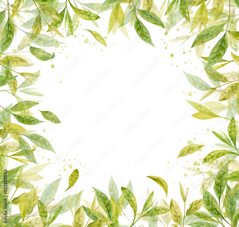Watercolor fresh tea leaves square frame. Hand drawn illustration for design, packaging, invitation Watercolor fresh tea leaves square frame. Hand drawn illustration for design, packaging, invitation