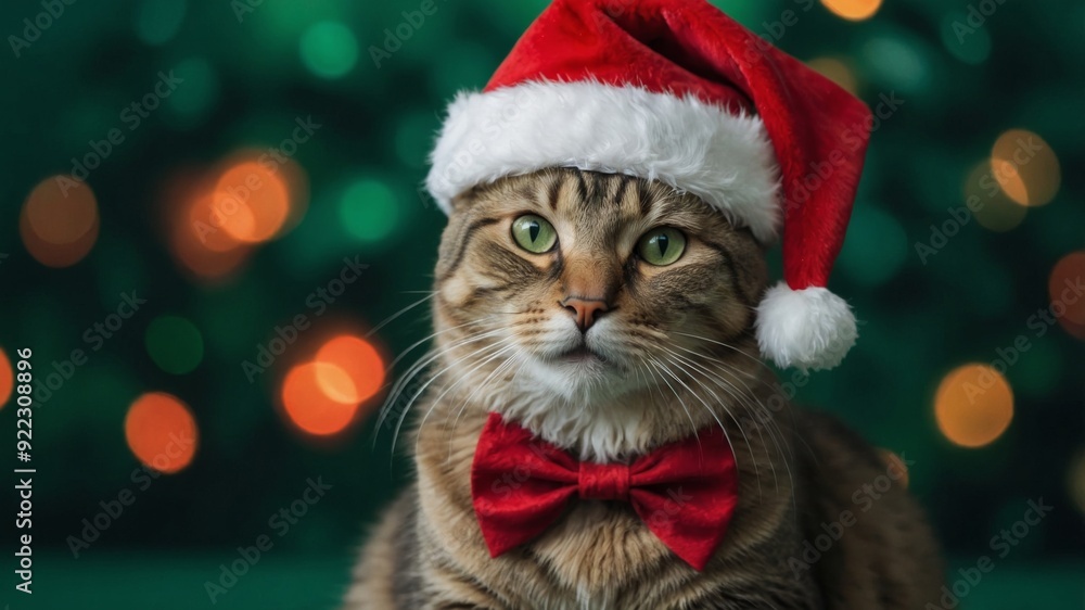Funny cat in a Santa hat on a green background. Funny cat in a Santa hat on a green background.
