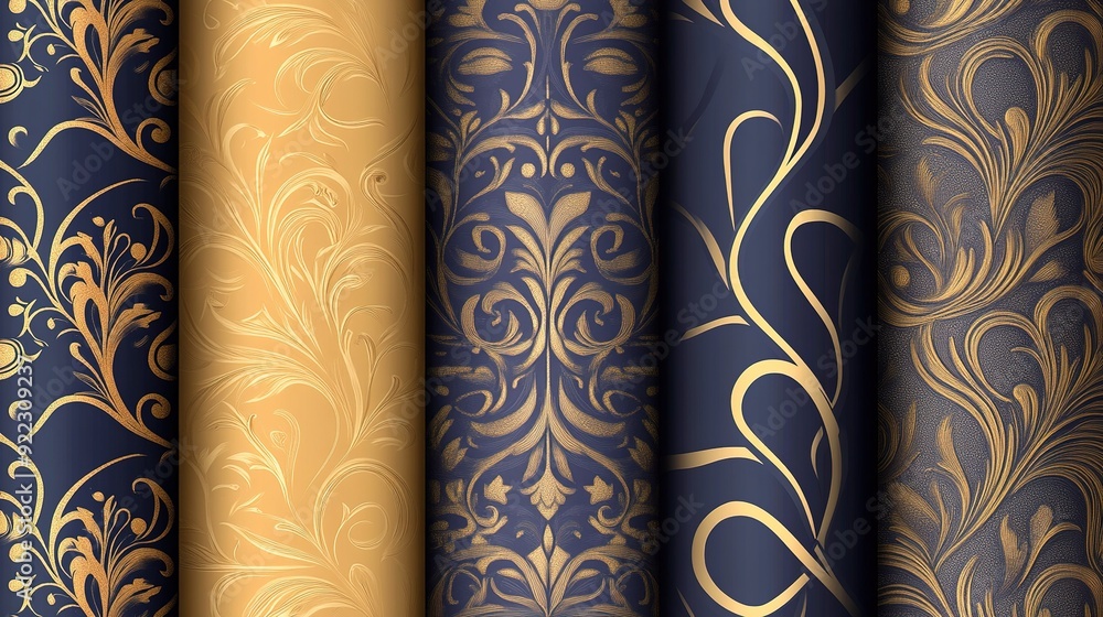 Elegant decorative wallpapers featuring intricate designs in gold and navy blue patterns Elegant decorative wallpapers featuring intricate designs in gold and navy blue patterns