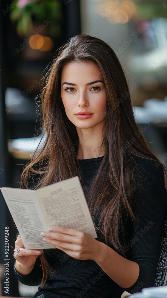 A woman with long brown hair is sitting at a table reading a menu A woman with long brown hair is sitting at a table reading a menu