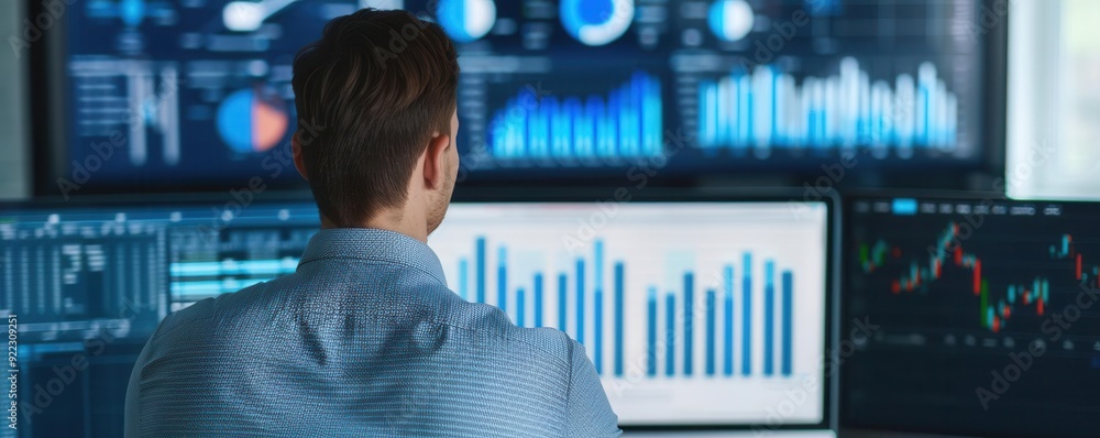 Rear view of a business professional analyzing financial data on multiple computer screens in a modern workplace with advanced technology. Rear view of a business professional analyzing financial data on multiple computer screens in a modern workplace with advanced technology.