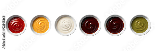  Variety of Sauces in White Bowls, Isolated on Transparent Background