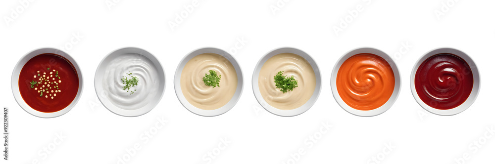 Variety of Sauces in White Bowls, Isolated on Transparent Background Variety of Sauces in White Bowls, Isolated on Transparent Background