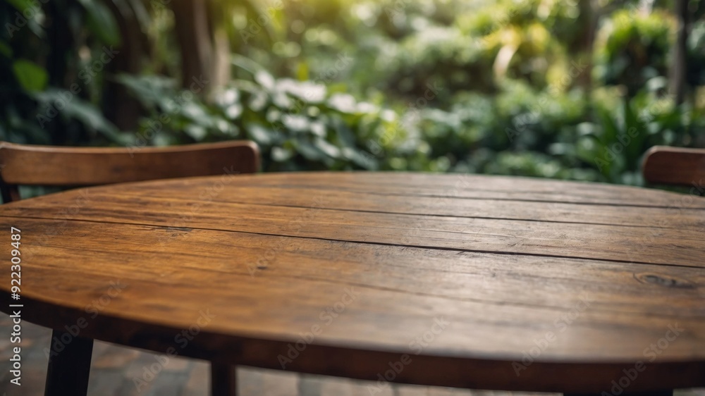 Elegant wooden table using blurred botanical garden background. Elegant wooden table using blurred botanical garden background.