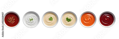  Variety of Sauces in White Bowls, Isolated on Transparent Background