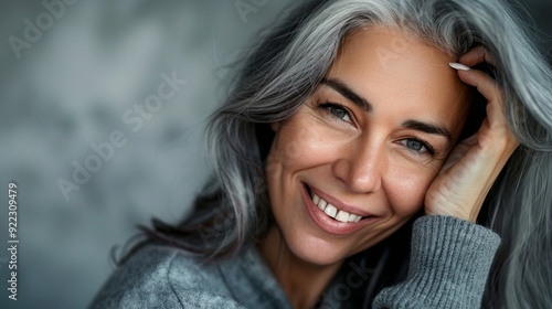 Radiant mature woman with silver hair and a warm smile exudes confidence and grace, embodying the beauty of aging gracefully in a close-up portrait.