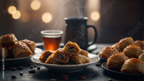 A cup of Turkisn'th coffee & traditional sweetness - baklava. photo