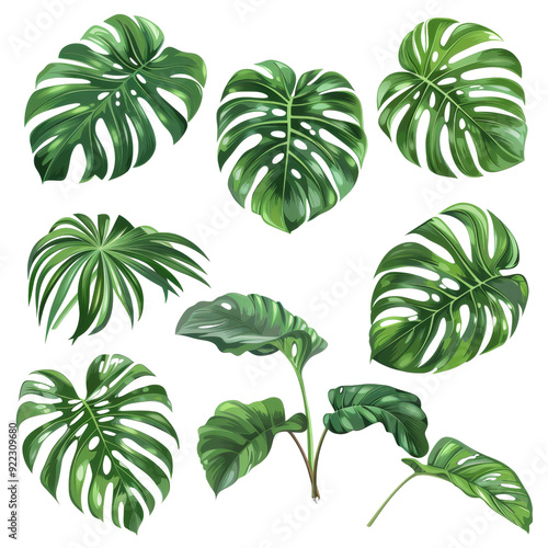 Isolated Monstera Leaves Set with Varied Sizes and Shapes.