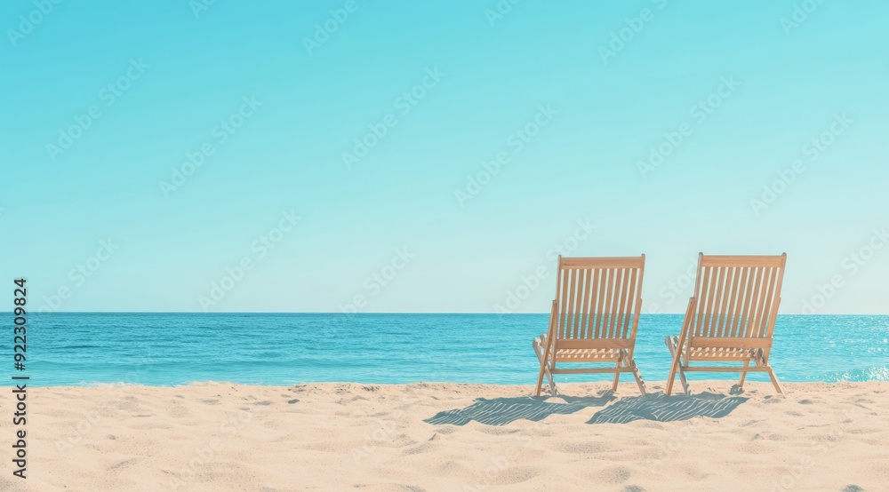 A beautiful and relaxing beach view showcases comfortable chairs placed on a sandy shore beneath a clear blue sky A beautiful and relaxing beach view showcases comfortable chairs placed on a sandy shore beneath a clear blue sky