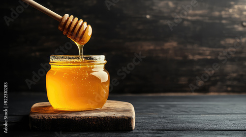 Organic Luxury: Pure Manuka Honey with Honey Dipper on Dark Wooden Surface