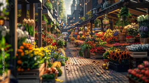 Vibrant Farmer's Market Scene with Fresh Produce, Flowers, and Handmade Goods