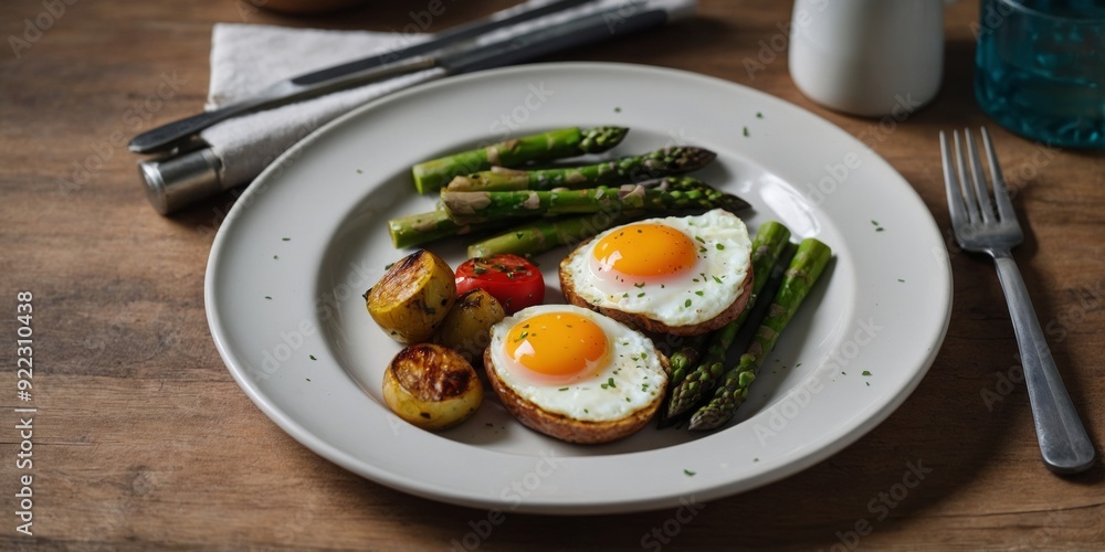 Healthy lunch plate with egg, asparagus, and grilled vegetables. Healthy lunch plate with egg, asparagus, and grilled vegetables.