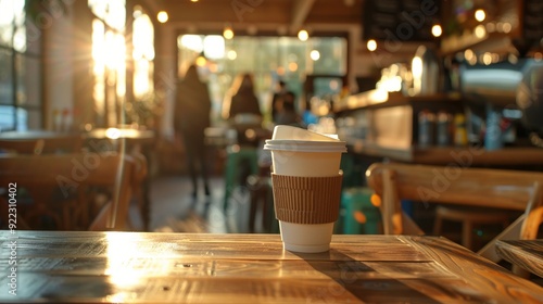 Cozy coffee shop ambiance with warm lighting and a takeaway cup on wooden table, blurred background of customers and baristas at work