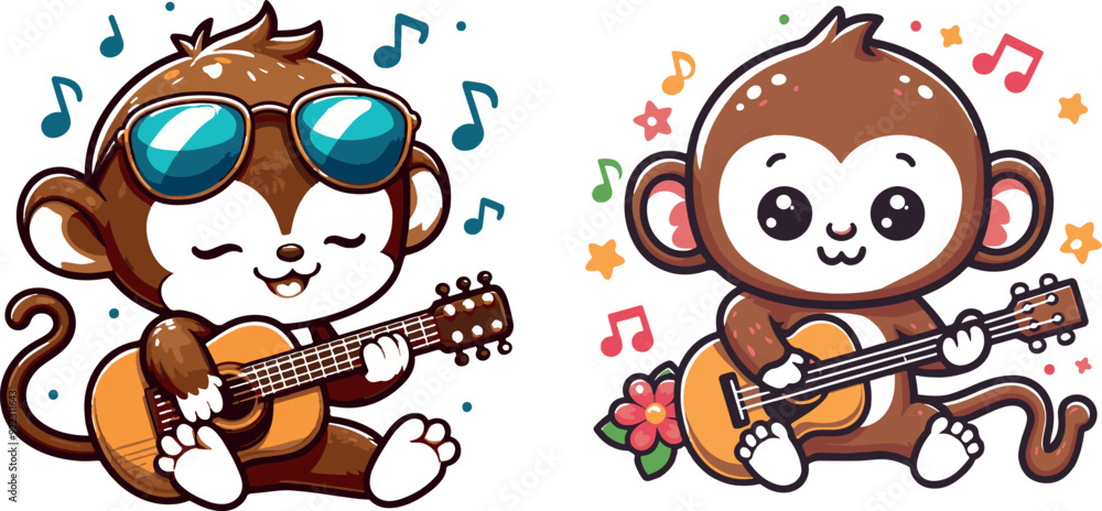 Naklejka premium Cute Monkey Playing Guitar Cartoon Graphic
