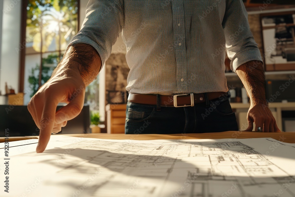 Architect Reviewing Blueprints: A Close-Up of a Focused Professional Examining Detailed Plans for a New Building Project. Architect Reviewing Blueprints: A Close-Up of a Focused Professional Examining Detailed Plans for a New Building Project.