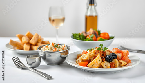 Greek food served on the table isolated with white highlights, png photo