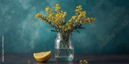 Yellow Limonium sinuatum in glass vase on teal background. photo