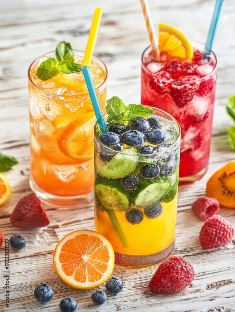 Three colorful drinks with straws in them, one of which is a blueberry smoothie. The drinks are served in tall glasses and are surrounded by fruit, including oranges, strawberries, and blueberries Three colorful drinks with straws in them, one of which is a blueberry smoothie. The drinks are served in tall glasses and are surrounded by fruit, including oranges, strawberries, and blueberries