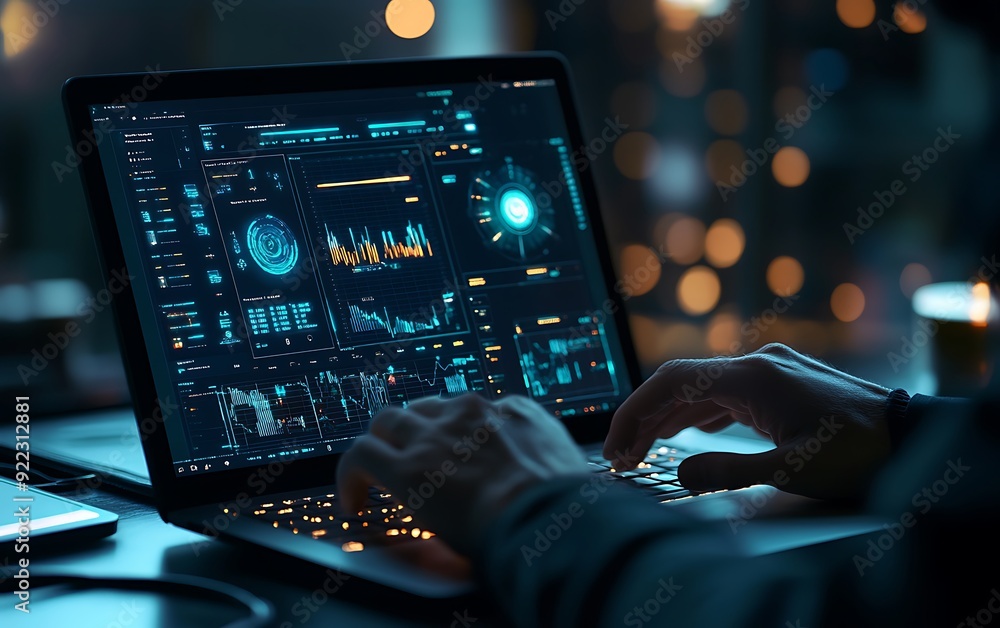 Close-Up of a Data Scientist Visualizing Complex AI Data on a Laptop Close-Up of a Data Scientist Visualizing Complex AI Data on a Laptop