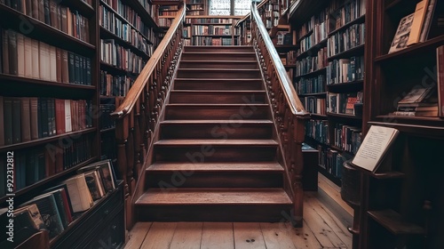 Cozy Wooden Staircase in a Charming Bookstore Evoking Literary Nostalgia