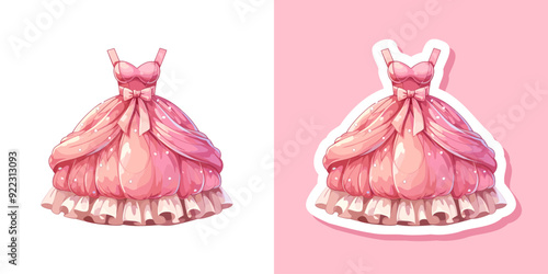 Vector princess pink dress, illustration of beautiful fluffy ball dress, fairytale princess clothes 19th century vintage style