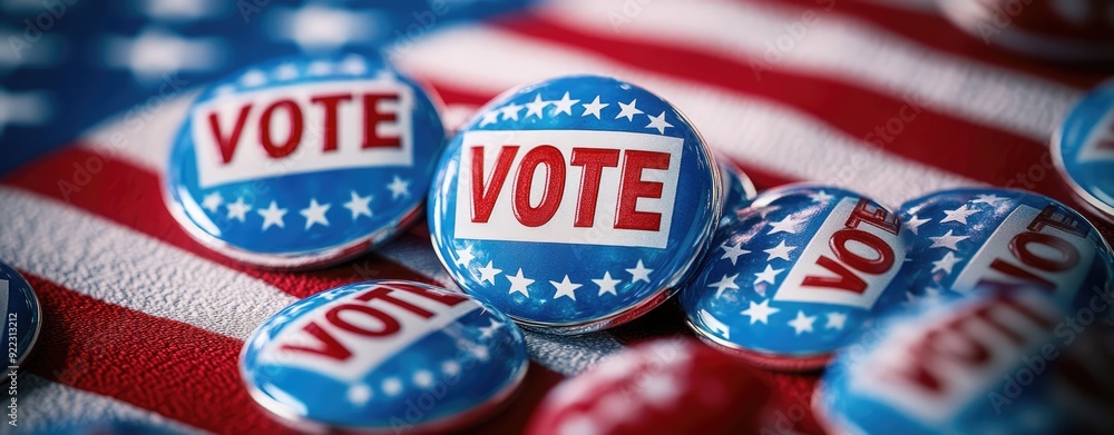 Fototapeta premium American Election. Vote badges on american flag. Selective focus.
