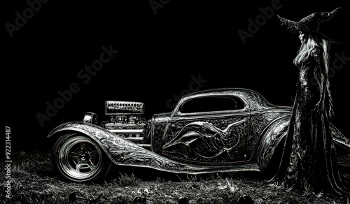 Halloween witch and her heavy metal hotrod. Black and white, room for cropping and ad copy