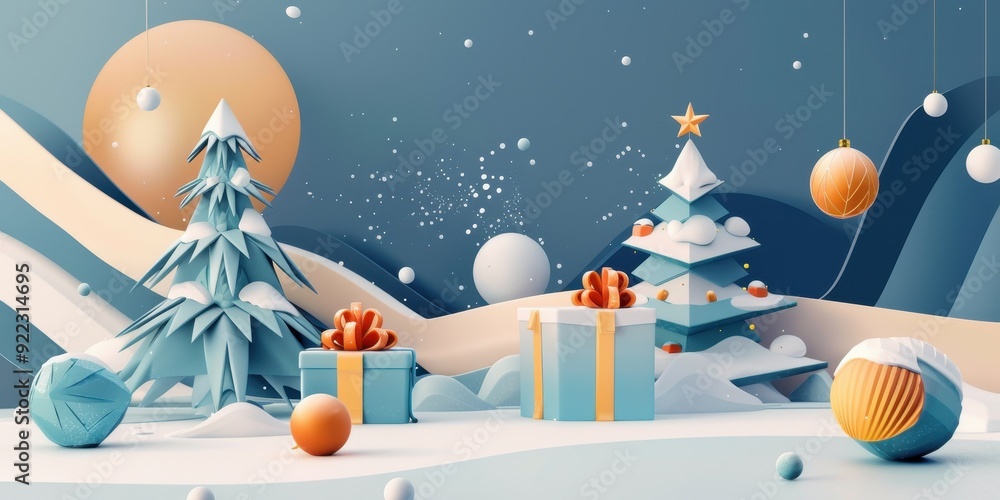 Fototapeta premium A colorful Christmas scene with a tree, presents, and snow